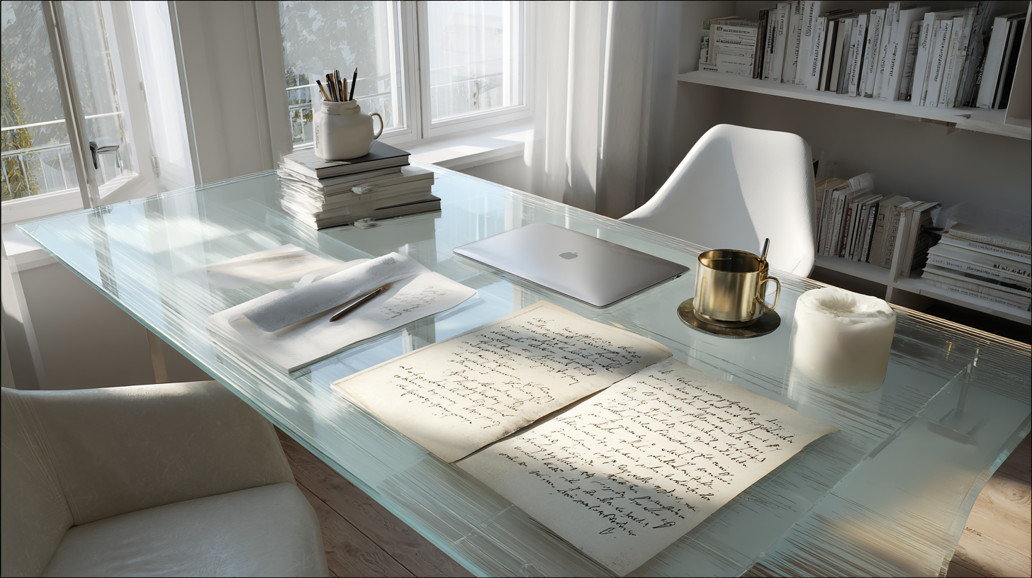 Detailansicht FlexInk Desk: E-Ink-Schicht, Qi-Spule und Glasrahmen